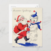 レトロヴィンテージクリスマスサンタ雪だるま シーズンポストカード (正面/裏面)