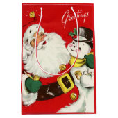 レトロヴィンテージクリスマスサンタ雪だるま ミディアムペーパーバッグ (正面)