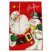 レトロヴィンテージクリスマスサンタ雪だるま ミディアムペーパーバッグ (裏面)