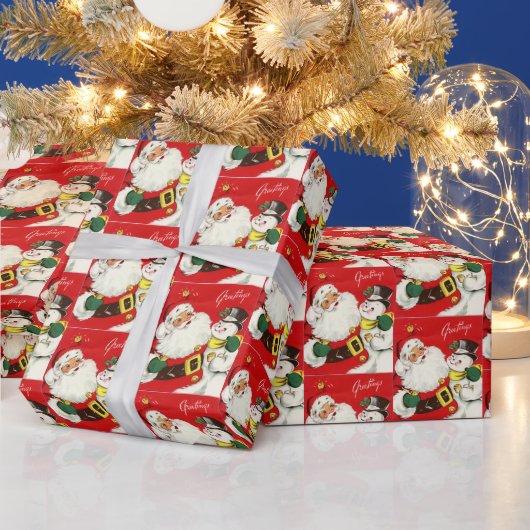 レトロヴィンテージクリスマスサンタ雪だるま ラッピングペーパー (クリスマス)