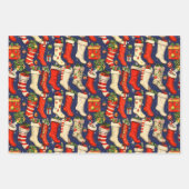 レトロヴィンテージクリスマスストッキングトリカラー ラッピングペーパーシート (正面2)