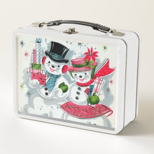 レトロヴィンテージクリスマススノーカップルホリデー メタルランチボックス (正面)
