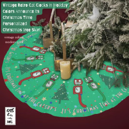 レトロヴィンテージクリスマスタイムキャットクロックカスタム ブラッシュドポリエステルツリースカート