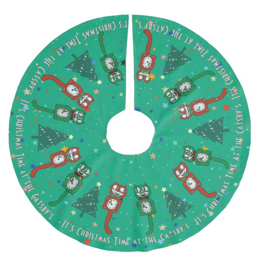レトロヴィンテージクリスマスタイムキャットクロックカスタム ブラッシュドポリエステルツリースカート (正面)