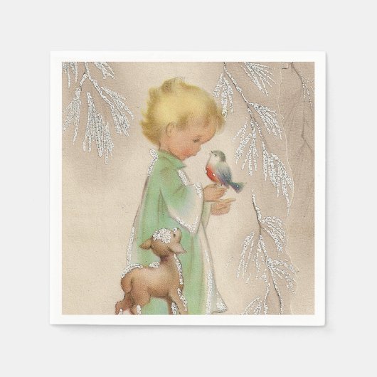 レトロヴィンテージクリスマスチャイルドホリデイ スタンダードカクテルナプキン (正面)