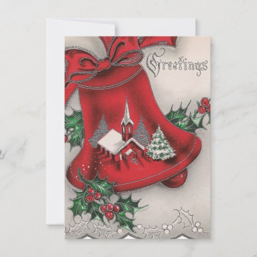 レトロヴィンテージクリスマスチャーチの鐘にメッセージを追加 シーズンカード (正面)