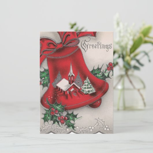 レトロヴィンテージクリスマスチャーチの鐘にメッセージを追加 シーズンカード (スタンド正面)