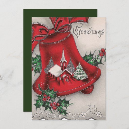 レトロヴィンテージクリスマスチャーチの鐘にメッセージを追加 シーズンカード (正面/裏面)