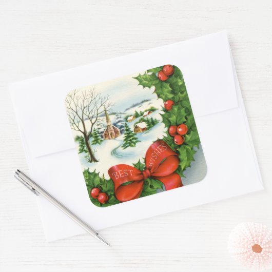 レトロヴィンテージクリスマスチャーチホリデイ スクエアシール (封筒)