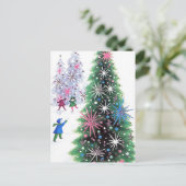 レトロヴィンテージクリスマスツリーと子供のはがき シーズンポストカード (スタンド正面)