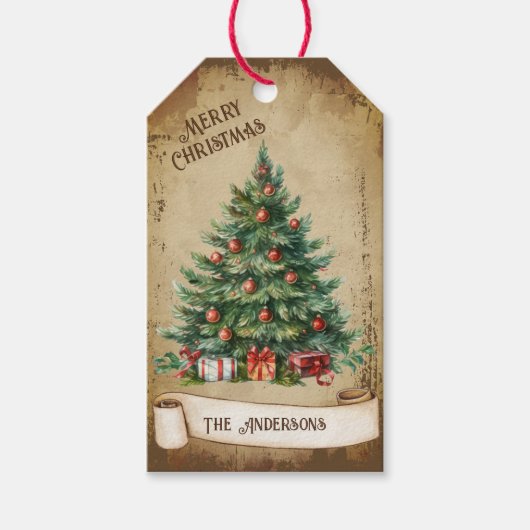 レトロヴィンテージクリスマスツリーメリークリスマス ギフトタグ (正面)
