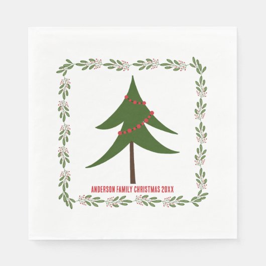 レトロヴィンテージクリスマスツリー&リースファミリー名 スタンダードランチョンナプキン (正面)