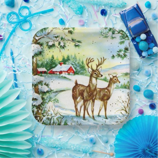 レトロヴィンテージクリスマスディアホリデイ ペーパープレート (パーティー)