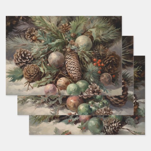 レトロヴィンテージクリスマストリオスタイルN ラッピングペーパーシート (セット)