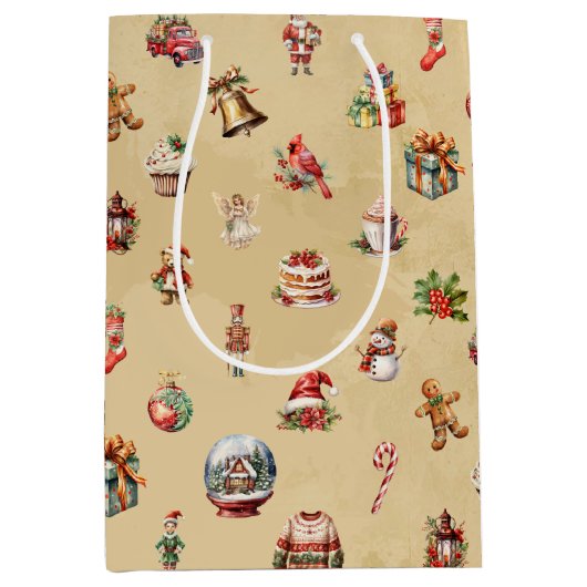 レトロヴィンテージクリスマスパターン ミディアムペーパーバッグ (正面)