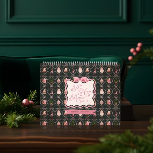 レトロヴィンテージクリスマスピンクリボンファミリーフォト カレンダー