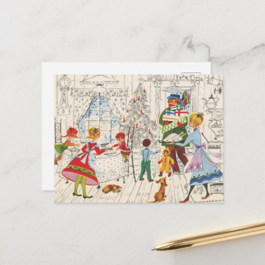 レトロヴィンテージクリスマスファミリー シーズンポストカード (正面/裏面インサイチュ)