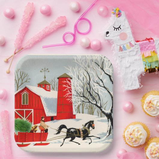 レトロヴィンテージクリスマスファームホリデーパーティー ペーパープレート (パーティー)