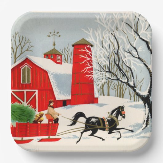 レトロヴィンテージクリスマスファームホリデーパーティー ペーパープレート (正面)