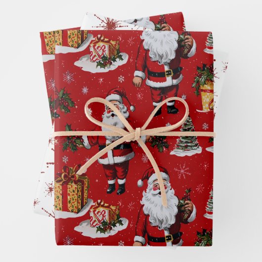 レトロヴィンテージクリスマスフェスティバルサンタス ラッピングペーパーシート (インサイチュ)