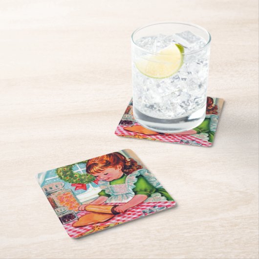 レトロヴィンテージクリスマスベーキングガールコースター スクエアペーパーコースター (インサイチュ)