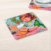 レトロヴィンテージクリスマスベーキングガールコースター スクエアペーパーコースター (アングル)