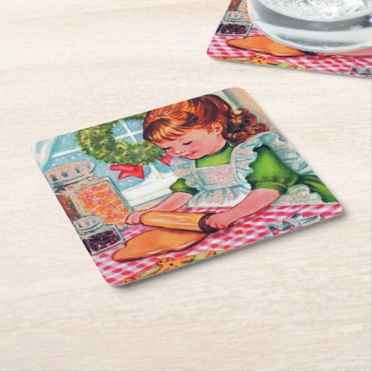 レトロヴィンテージクリスマスベーキングガールコースター スクエアペーパーコースター (アングル)