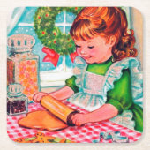 レトロヴィンテージクリスマスベーキングガールコースター スクエアペーパーコースター (正面)