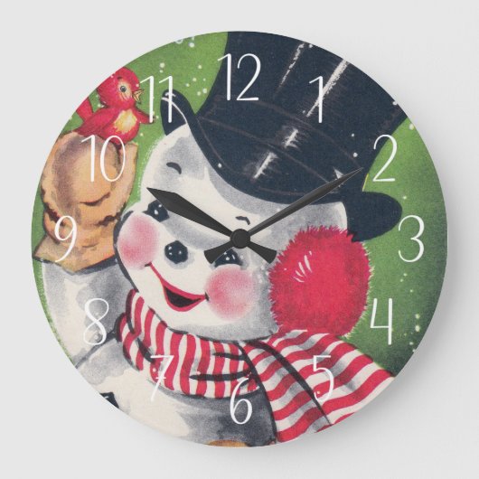 レトロヴィンテージクリスマスホリデイ雪だるま ラージ壁時計 (正面)