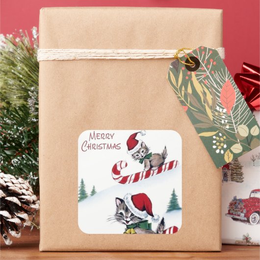 レトロヴィンテージクリスマスホリデーキャッツ スクエアシール (クリスマス)
