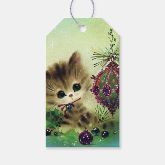 レトロヴィンテージクリスマスホリデーキャットネームタグ追加 ギフトタグ (正面)