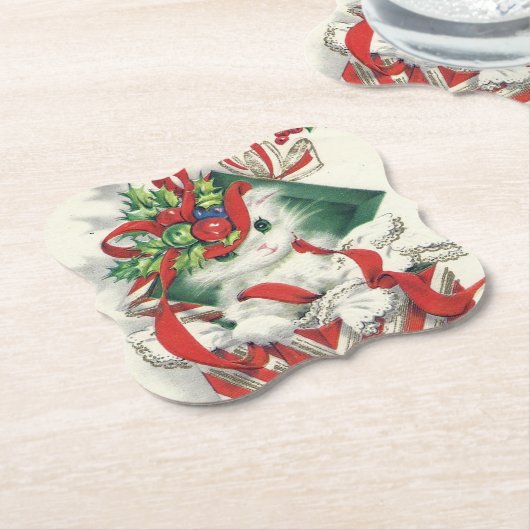 レトロヴィンテージクリスマスホリデーキャットパーティーコースター ペーパーコースター (アングル)