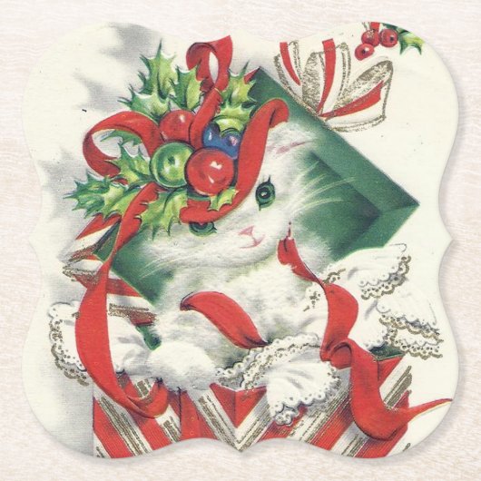 レトロヴィンテージクリスマスホリデーキャットパーティーコースター ペーパーコースター (正面)