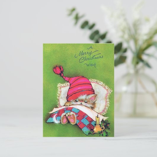 レトロヴィンテージクリスマスホリデーキャットポストカード シーズンポストカード (スタンド正面)