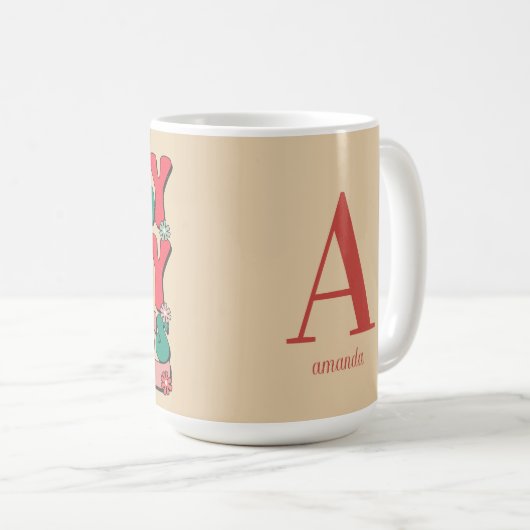 レトロヴィンテージクリスマスホリービベスすてきモノグラム コーヒーマグカップ (正面右)