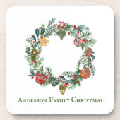 レトロヴィンテージクリスマスリースファミリー名カスタム コースター (正面)