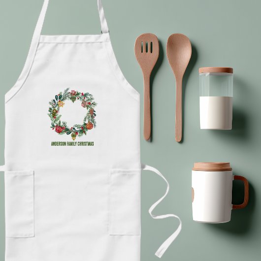 レトロヴィンテージクリスマスリースファミリー名カスタム ロングエプロン