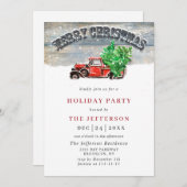 レトロヴィンテージクリスマスレッドトラックホリデーパーティー 招待状 (正面/裏面)