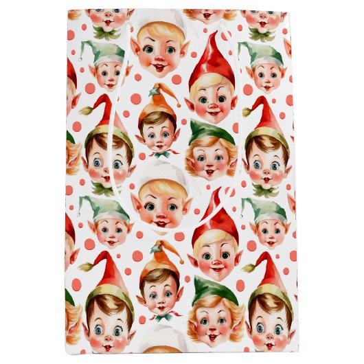 レトロヴィンテージクリスマス小妖精や小人顔 ミディアムペーパーバッグ (正面)