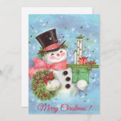 レトロヴィンテージクリスマス雪だるまとギフト シーズンカード (正面/裏面)