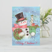 レトロヴィンテージクリスマス雪だるまとギフト シーズンカード (スタンド正面)