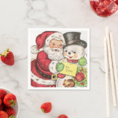 レトロヴィンテージクリスマス雪だるまサンタホリデイ スタンダードカクテルナプキン (インサイチュ)
