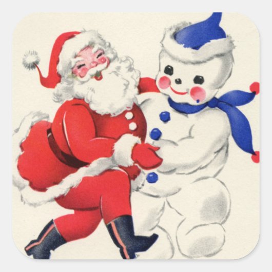 レトロヴィンテージクリスマス雪だるまサンタ スクエアシール (正面)