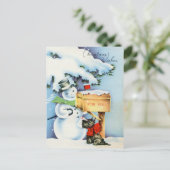 レトロヴィンテージクリスマス雪だるまスコッチドッグ シーズンポストカード (スタンド正面)