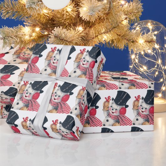 レトロヴィンテージクリスマス雪だるまタイルパーティー ラッピングペーパー (クリスマス)
