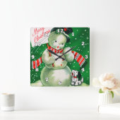 レトロヴィンテージクリスマス雪だるまデコール スクエア壁時計 (ホーム)