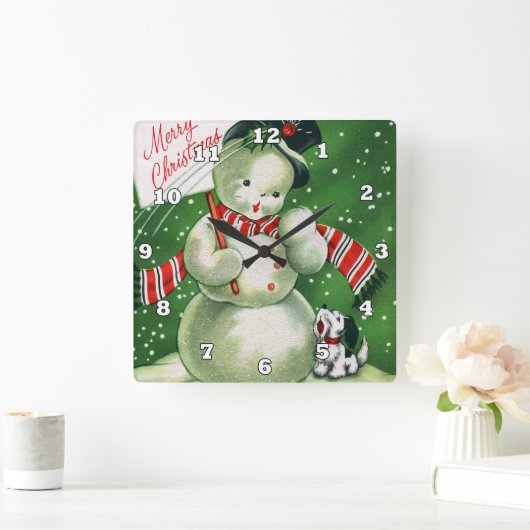 レトロヴィンテージクリスマス雪だるまデコール スクエア壁時計 (ホーム)