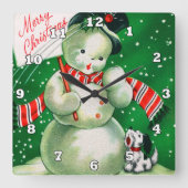 レトロヴィンテージクリスマス雪だるまデコール スクエア壁時計 (正面)