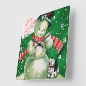 レトロヴィンテージクリスマス雪だるまデコール スクエア壁時計 (傾斜)