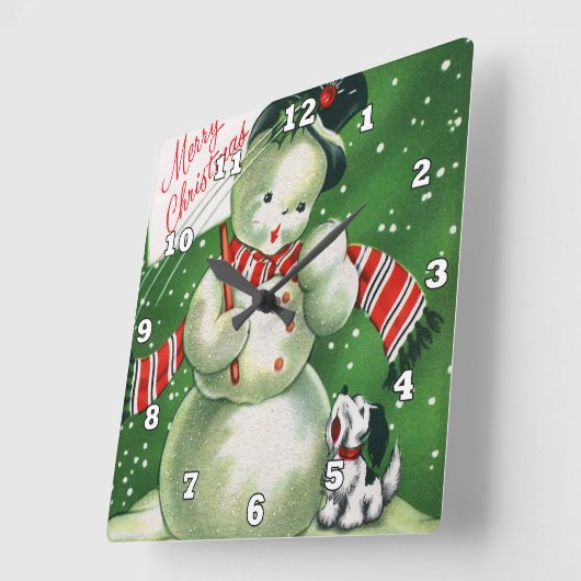 レトロヴィンテージクリスマス雪だるまデコール スクエア壁時計 (傾斜)
